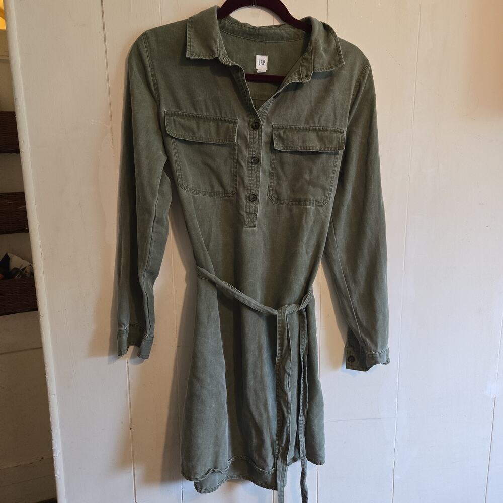 GAP Women's Green Lyocell Long Sleeve Button Front Shirt Dress Pockets Size M